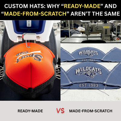 Split screen showing embroidery on a ready-made baseball hat versus flat cut-and-sew fabric panels.