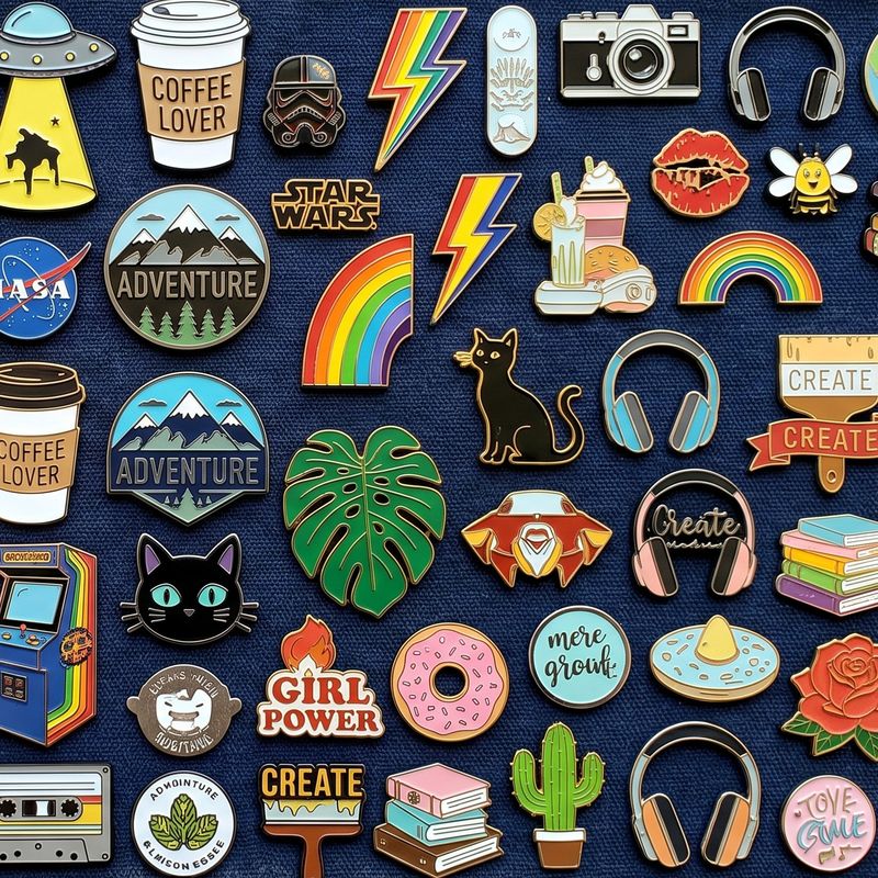 A collection of colorful enamel pins on blue fabric: 'COFFEE LOVER,' 'STAR WARS,' NASA, 'ADVENTURE,' cats, and headphones.