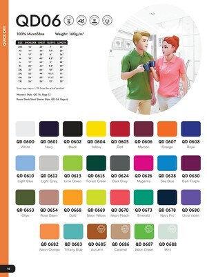 QD06 Quickdry Polo color palette and size chart on 100% microfibre fabric for customization.