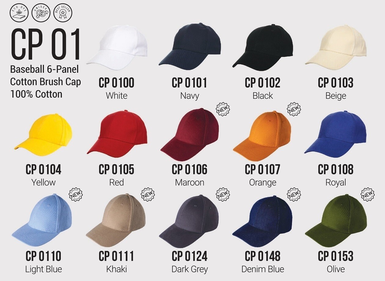 CP01 Cap, 100% cotton baseball cap in multiple colors, including white, navy, black, beige, yellow, red, maroon, orange, royal, light blue, khaki, dark grey, denim blue, olive.
