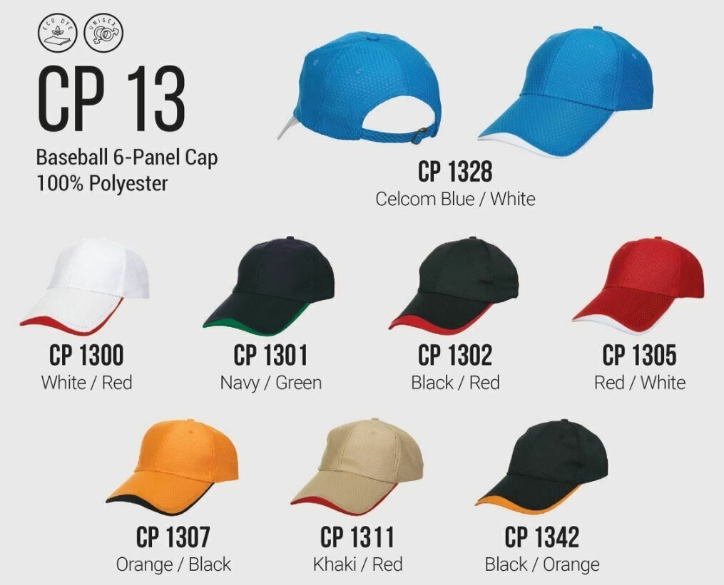 CP13 Baseball 6-Panel Cap, 100% Polyester, various colors including Celcom Blue, White, Red, Navy, Green, Black, Orange, Khaki.
