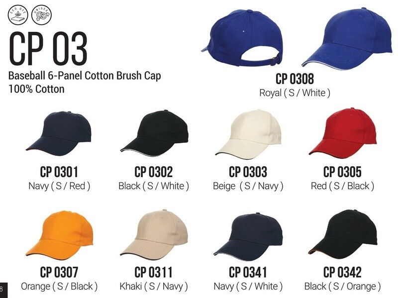 CP03 Baseball 6-Panel Cotton Brush Cap, 100% cotton, various colors including navy, black, beige, red, orange, khaki, royal, in different lining colors.