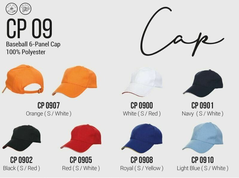 CP09 Baseball 6-Panel Cap, 100% Polyester, various colors including Orange, White, Navy, Black, Red, Royal, and Light Blue.