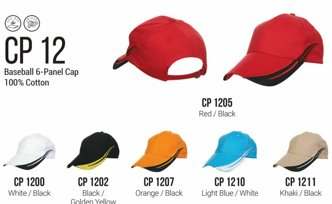 CP12 6-panel baseball cap, 100% cotton, in various colors including red, black, white, orange, light blue, and khaki, for corporate or personal use.