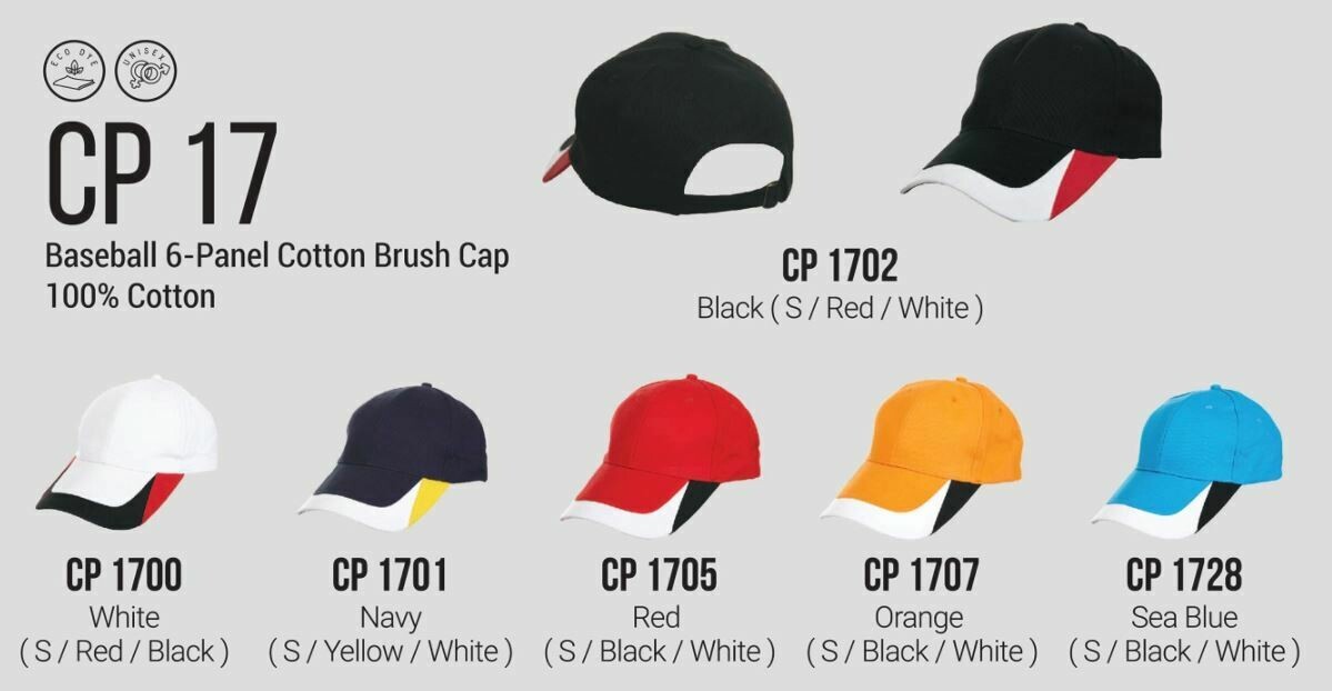 CP17 Baseball 6-Panel Cotton Brush Cap, 100% Cotton, various colors including white, navy, red, orange, sea blue, and black.