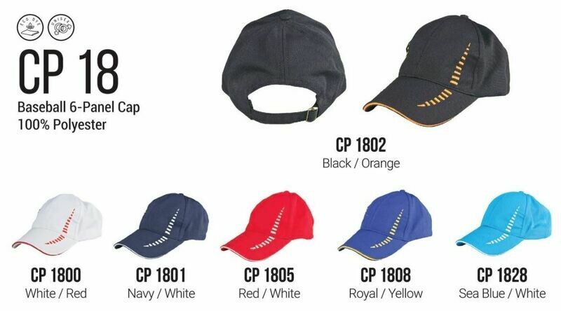 CP18 baseball cap, 100% polyester, in various colors including white, navy, red, royal, sea blue, black, with embroidered logo or text.