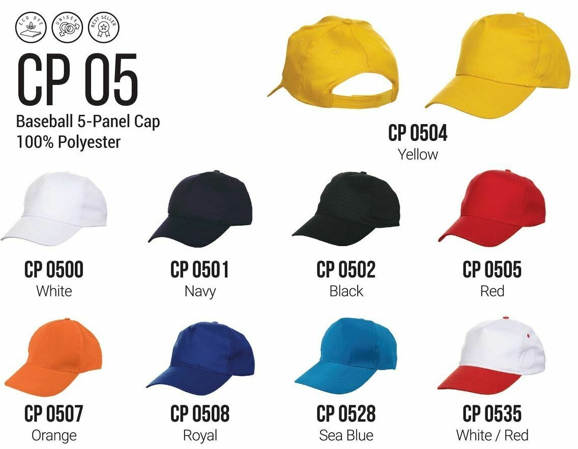 CP05 Baseball 5-Panel Cap, 100% Polyester, available in multiple colors including White, Navy, Black, Red, Orange, Royal, Sea Blue, and Yellow.