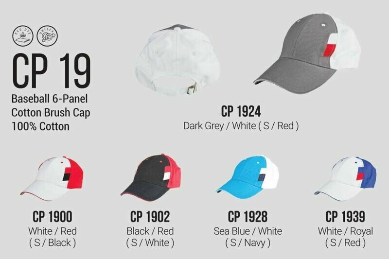 CP19 Cap, 100% Cotton, Baseball 6-Panel Cotton Brush Cap, various color options including Dark Grey, White, Red, Sea Blue, Black.
