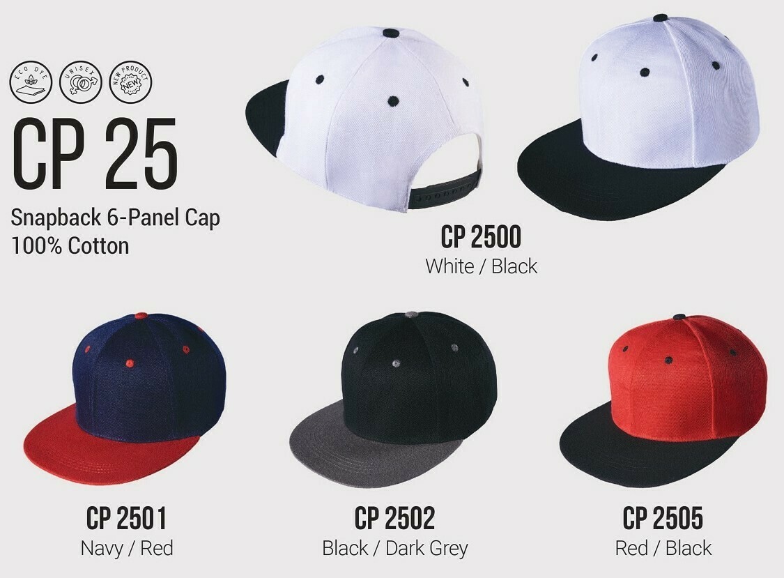 CP25 Snapback 6-Panel Cap, 100% Cotton, assorted colors including White/Black, Navy/Red, Black/Dark Grey, Red/Black.
