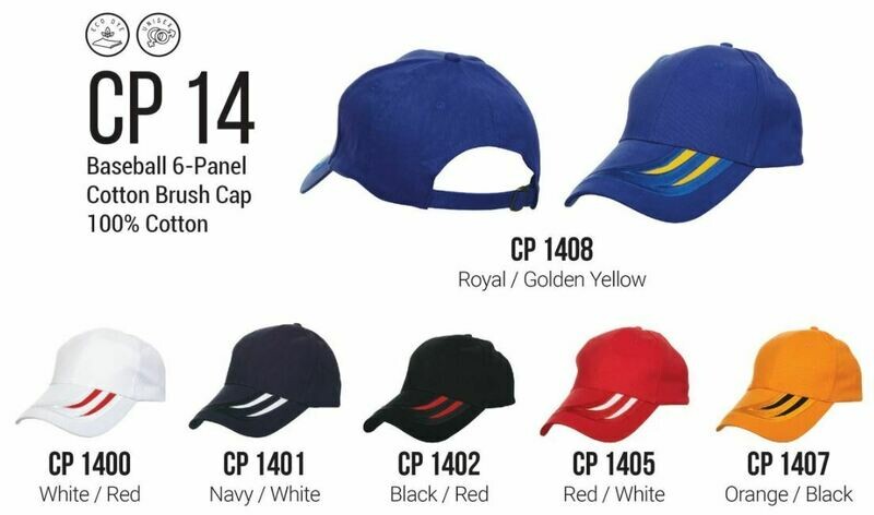 CP14 Baseball 6-Panel Cotton Brush Cap, 100% Cotton, various colors including Royal Golden Yellow, White Red, Navy White, Black Red, Red White, Orange Black.