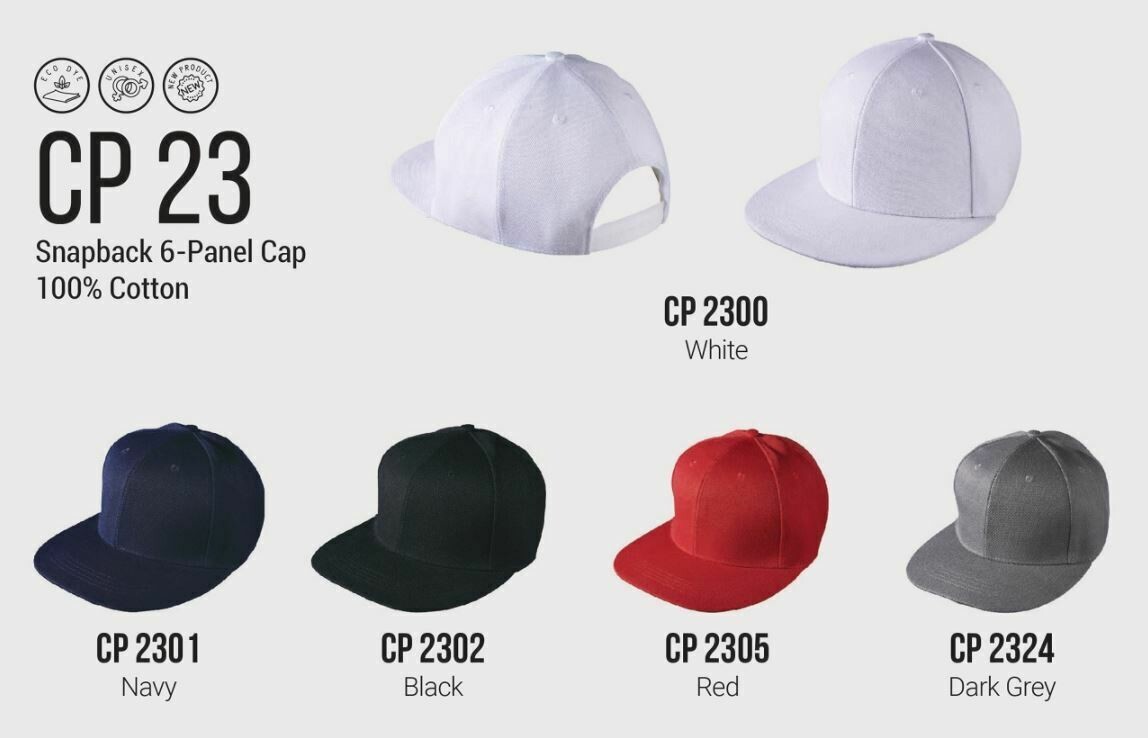 CP23 Snapback 6-Panel Cap, 100% Cotton, available in White, Navy, Black, Red, Dark Grey colors.