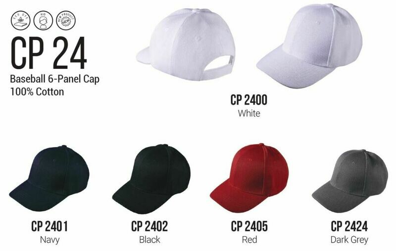 CP24 baseball 6-panel cap, 100% cotton, in various colors including white, navy, black, red, and dark grey.
