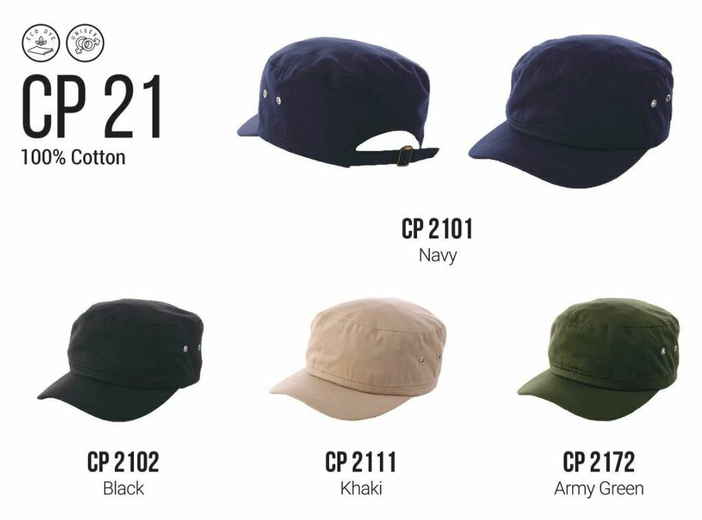 CP21 Cap, 100% Cotton, in Navy, Black, Khaki, and Army Green colors, available for corporate, events, or personal use.
