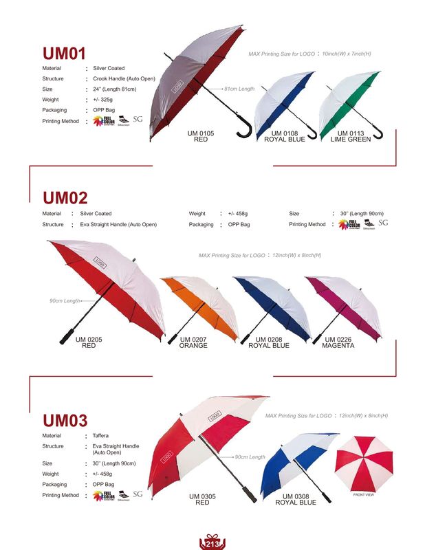 Custom umbrellas in various colors and styles, including foldable, straight-handle, and golf umbrellas, with durable canopies and frames in red, blue, green, orange, magenta.