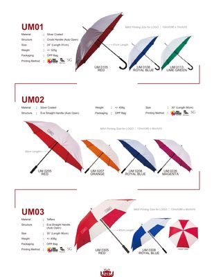 Catalog page featuring standard umbrellas with curved handles and larger straight handle umbrellas in solid and dual colors.