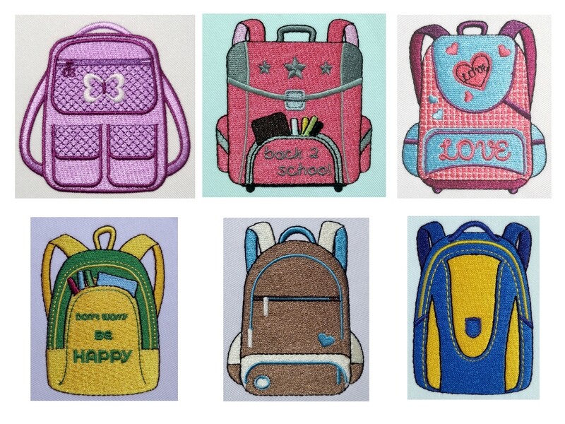 Six colorful embroidered schoolbag designs, including purple, pink, blue, yellow, green, and brown backpacks with various phrases and patterns.