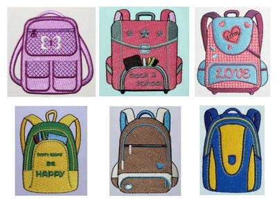 Six colorful embroidered schoolbag designs, including purple, pink, blue, yellow, green, and brown backpacks with various phrases and patterns.