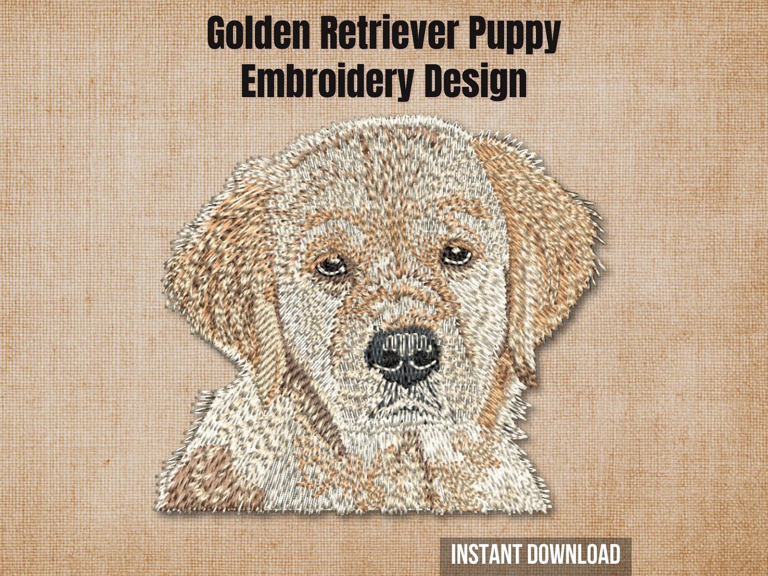 Golden retriever puppy digital embroidery design mockup over a textured tan fabric background.