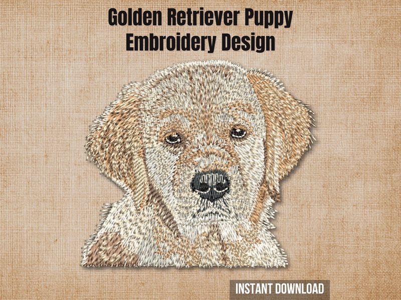 Golden retriever puppy digital embroidery design mockup over a textured tan fabric background.
