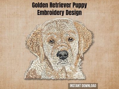 Golden retriever puppy digital embroidery design mockup over a textured tan fabric background.