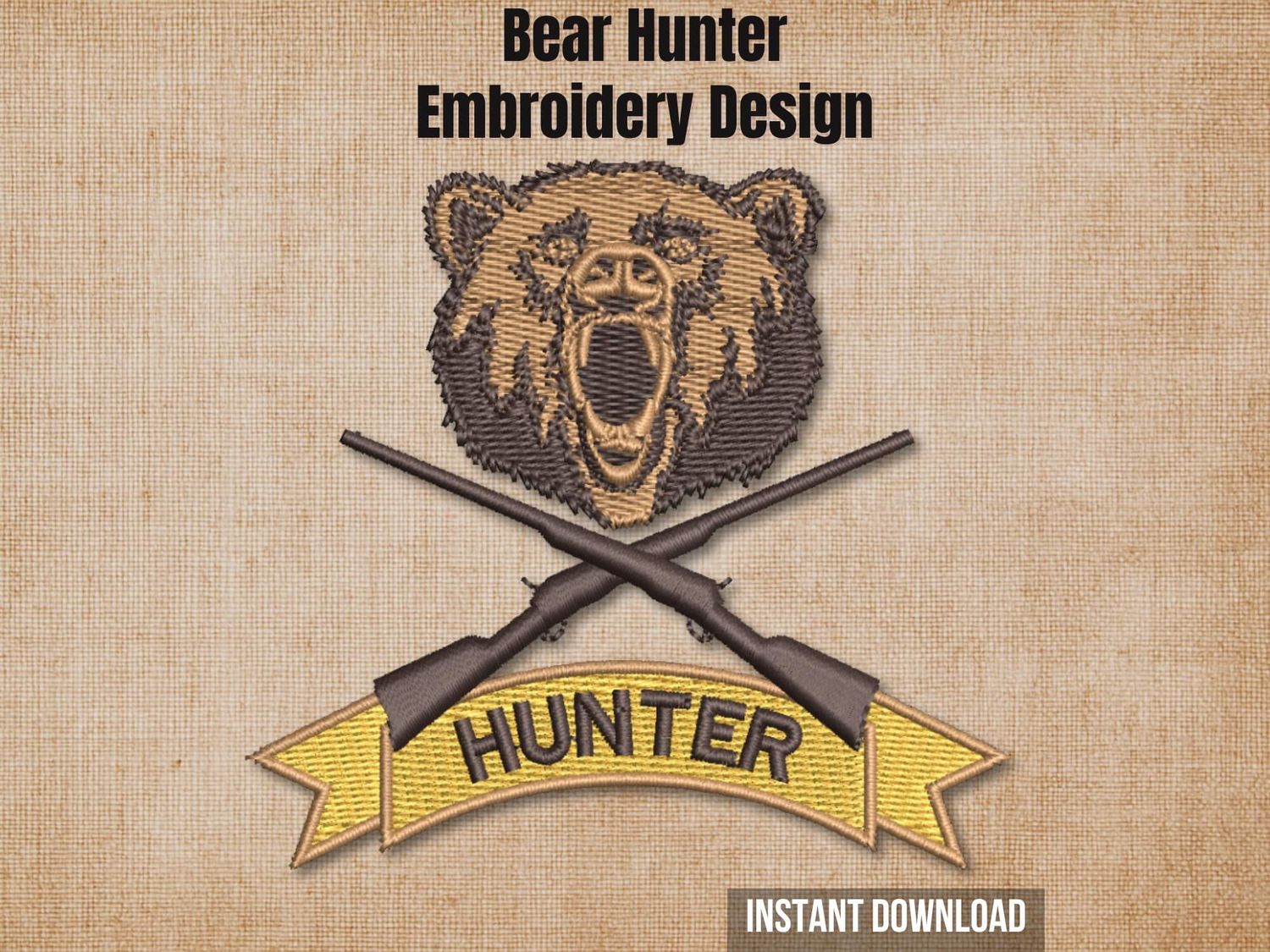 Bear Hunter embroidery design preview card with a roaring bear and crossed rifles on a textured background.