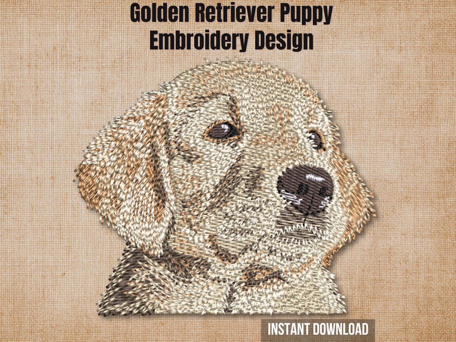 Textured natural burlap background highlighting the Golden Retriever puppy embroidery design with an instant download badge