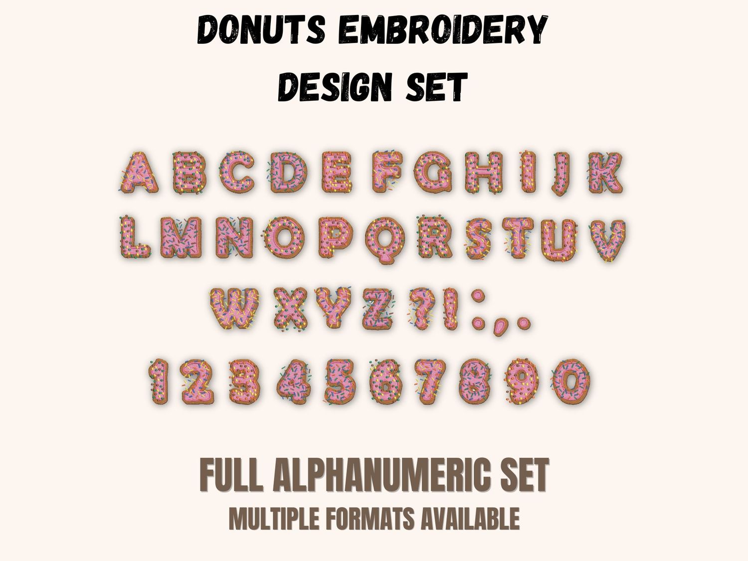 Pink-frosted donut style letters and numbers, displayed on a beige background with promotional heading text.