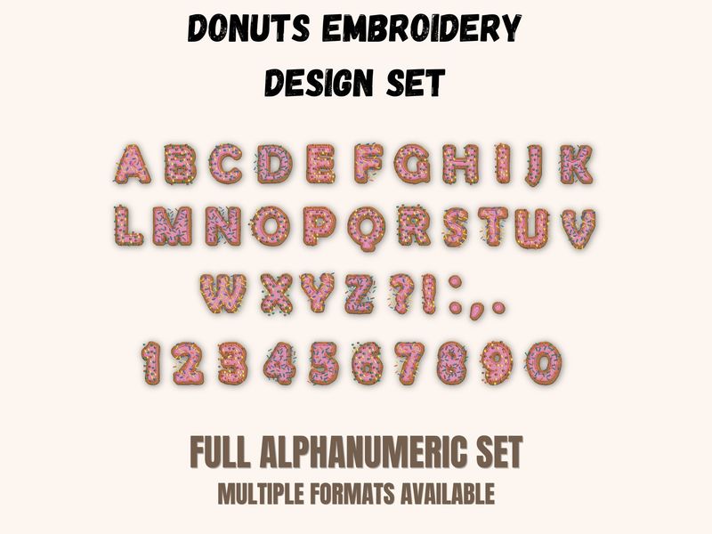 Pink-frosted donut style letters and numbers, displayed on a beige background with promotional heading text.