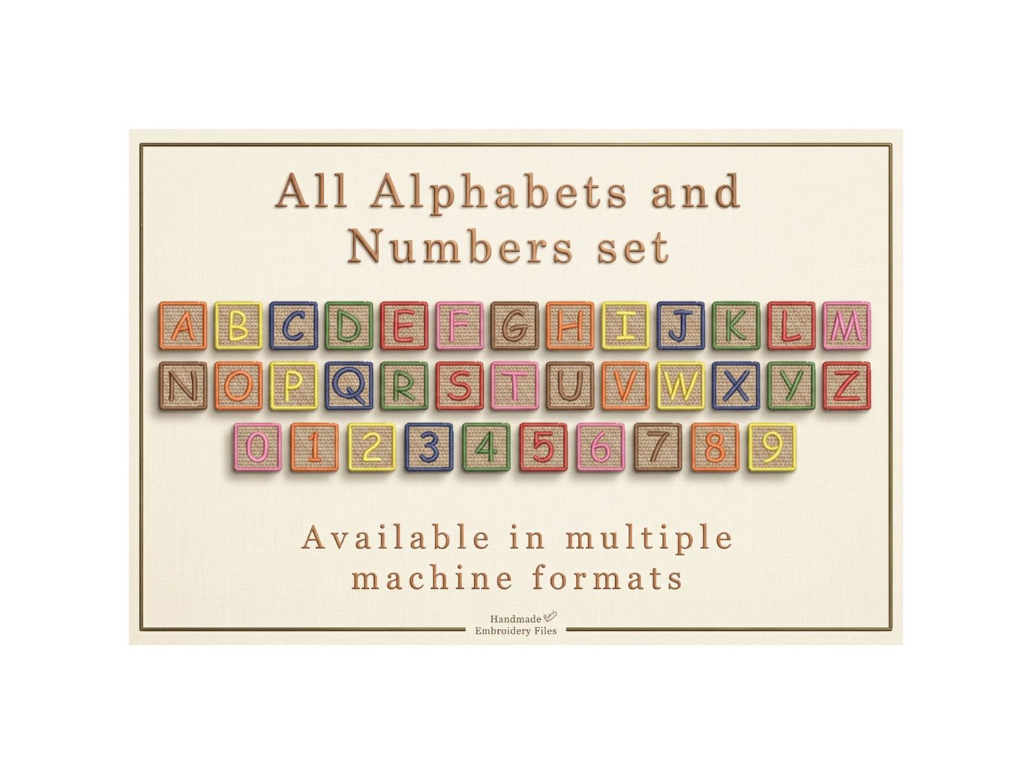 Embroidered blocks containing alphabets and numbers, on a textured beige background with promotional text.