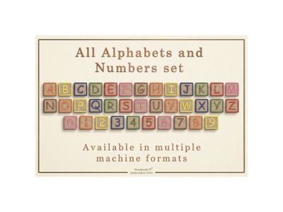 Embroidered blocks containing alphabets and numbers, on a textured beige background with promotional text.