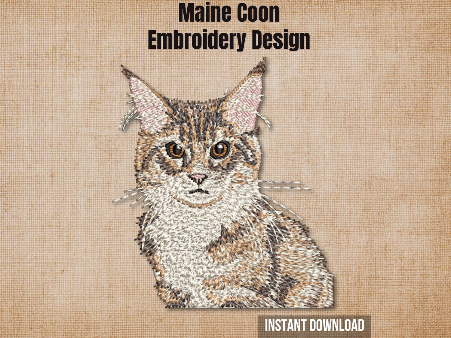 Maine Coon cat embroidery pattern on a burlap background labeled for instant download.