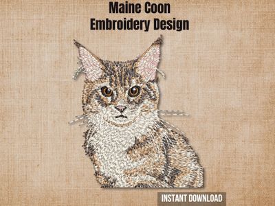 Maine Coon cat embroidery pattern on a burlap background labeled for instant download.