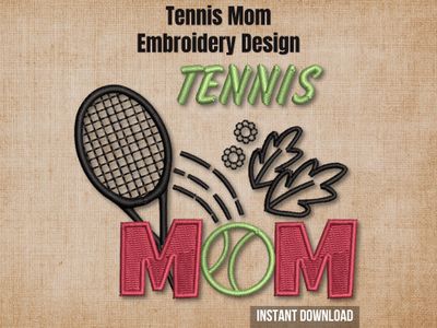 "Tennis Mom" embroidery design mockup on a textured brown background with "Instant Download" text.