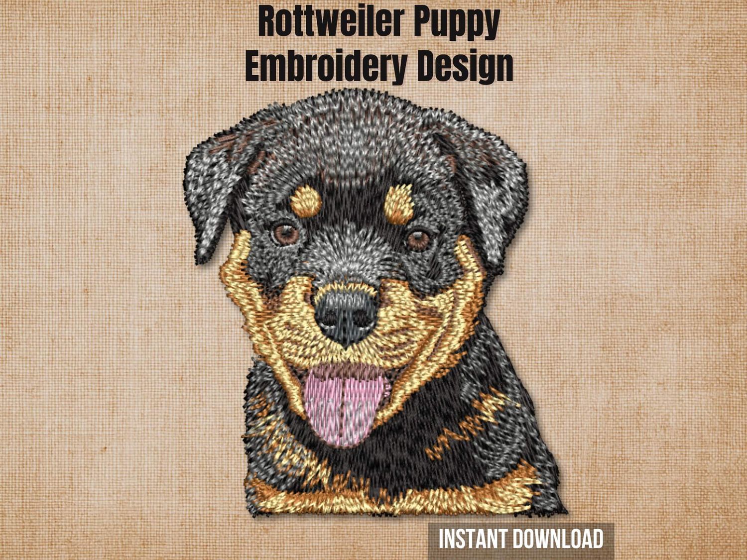 Cover graphic featuring the Rottweiler puppy embroidery on a textured burlap background.