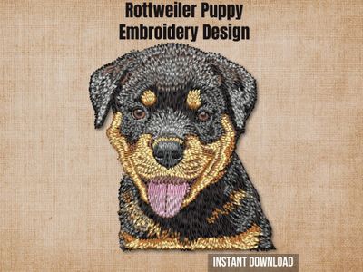 Cover graphic featuring the Rottweiler puppy embroidery on a textured burlap background.