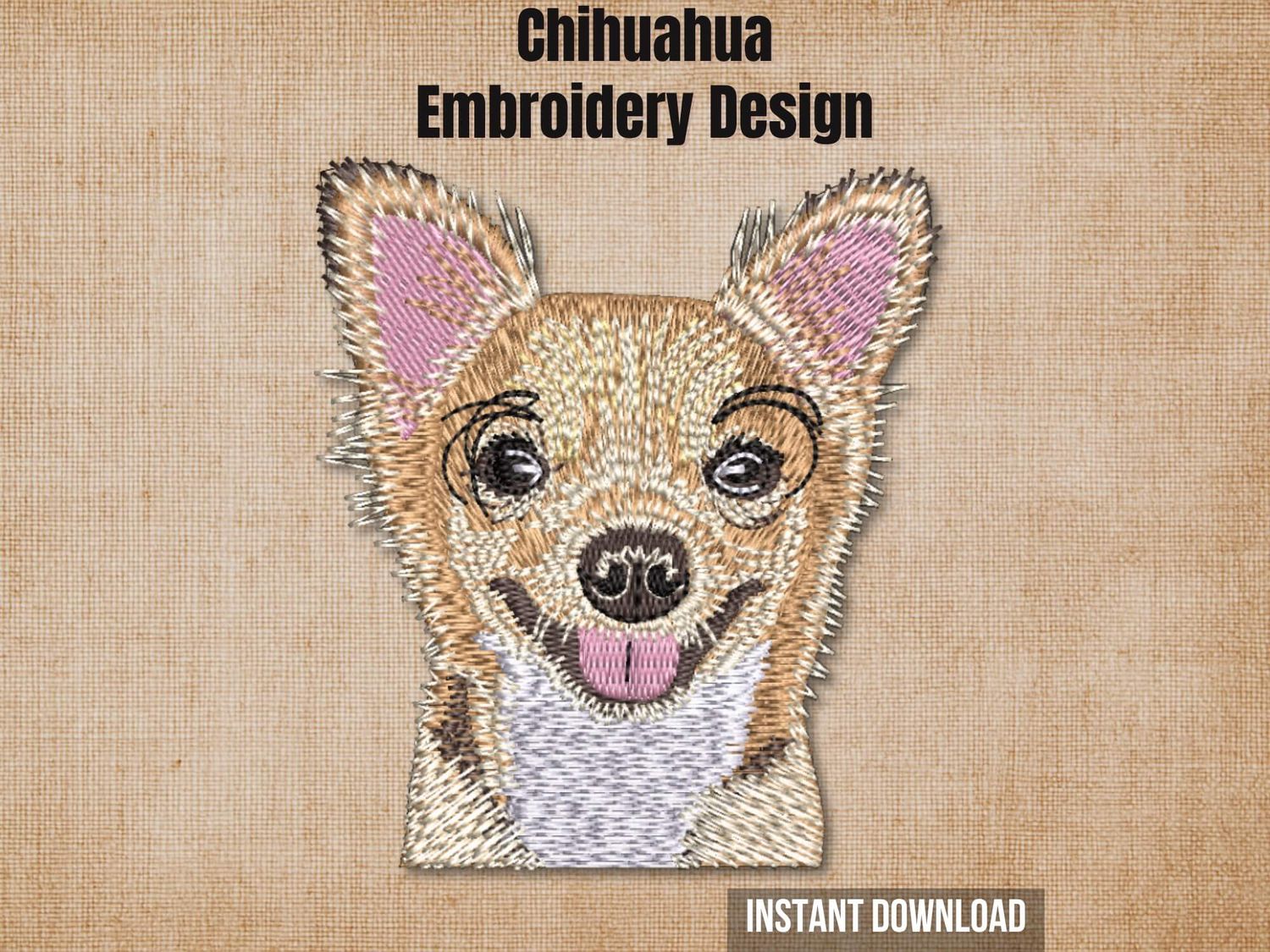Etsy listing cover graphic featuring the Chihuahua embroidery on a textured burlap background.