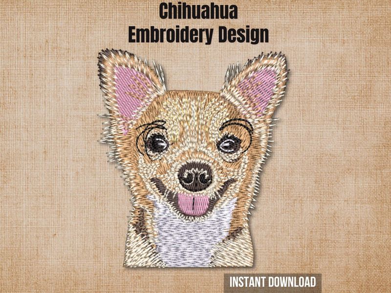 Etsy listing cover graphic featuring the Chihuahua embroidery on a textured burlap background.