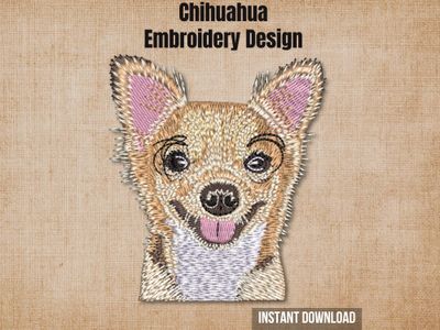 Etsy listing cover graphic featuring the Chihuahua embroidery on a textured burlap background.