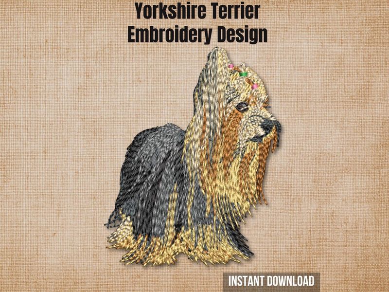 Yorkshire Terrier embroidery design preview card on a beige background with instant download.
