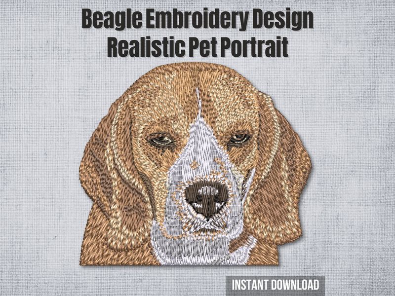 Detailed embroidery of a Beagle dog head with tan and white fur, stitched on light fabric with realistic texture and shading.