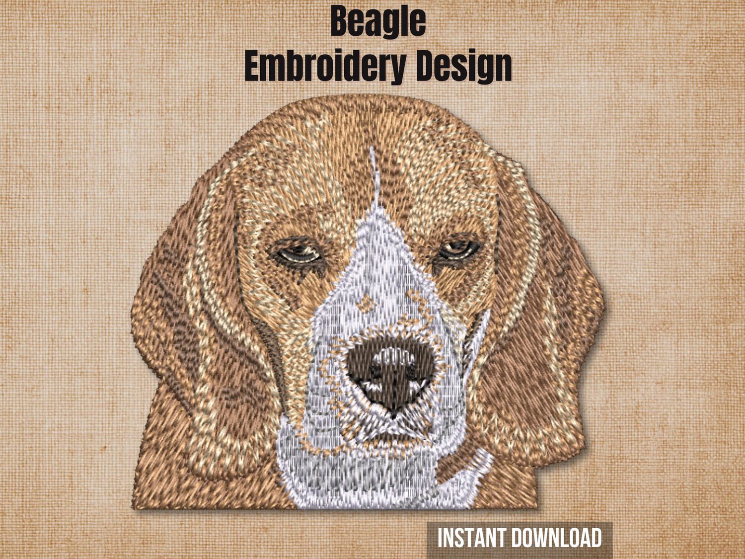 Etsy listing cover graphic featuring the Beagle embroidery on a textured burlap background.