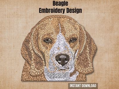 Etsy listing cover graphic featuring the Beagle embroidery on a textured burlap background.