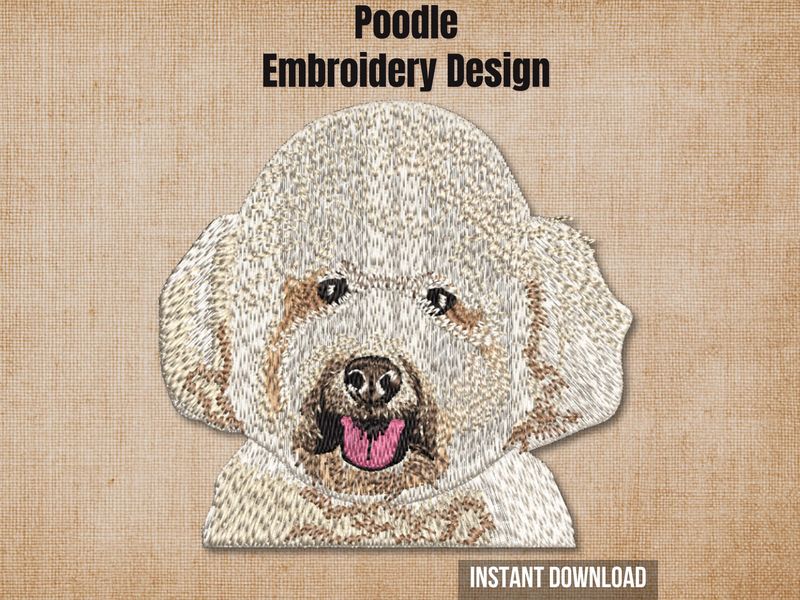 Poodle embroidery design preview card on a beige background with text reading instant download.