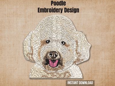 Poodle embroidery design preview card on a beige background with text reading instant download.