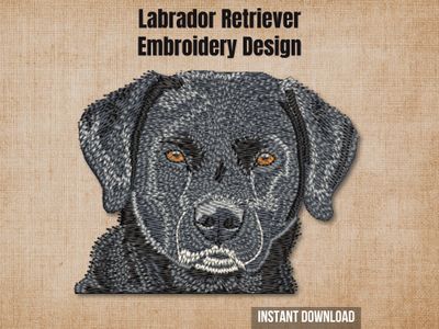 Black labrador retriever digital embroidery design mockup over a textured tan fabric background.
