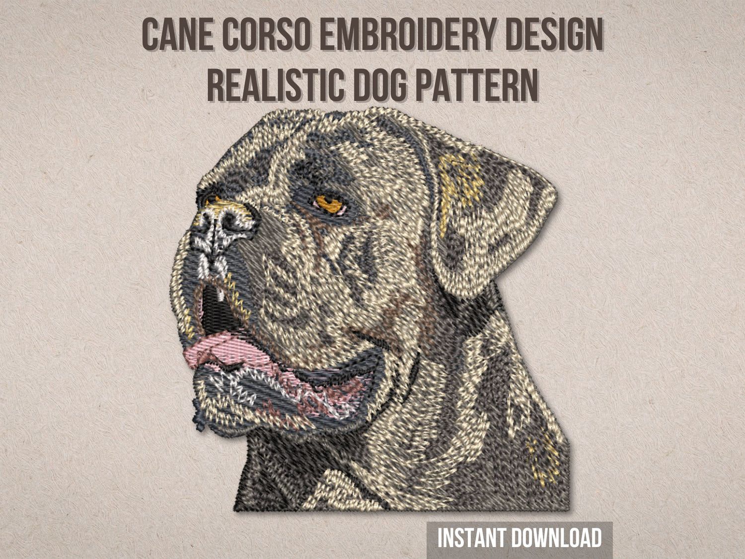 Realistic embroidery of a Cane Corso dog head with gray, black, and tan thread, showing detailed fur and lifelike expression.