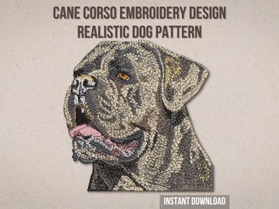 Realistic embroidery of a Cane Corso dog head with gray, black, and tan thread, showing detailed fur and lifelike expression.