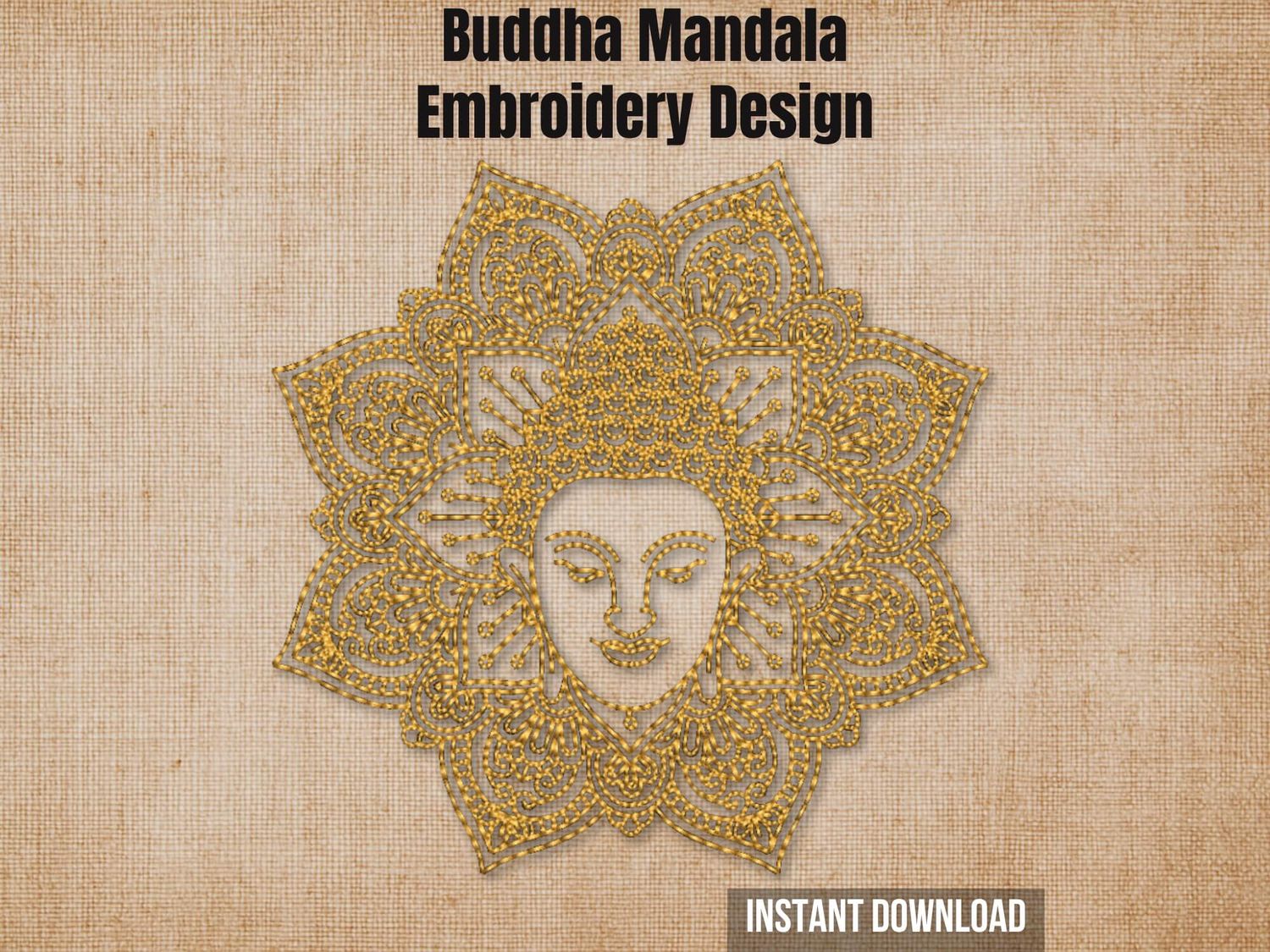 Etsy listing cover graphic featuring the gold Buddha mandala embroidery on a burlap background.