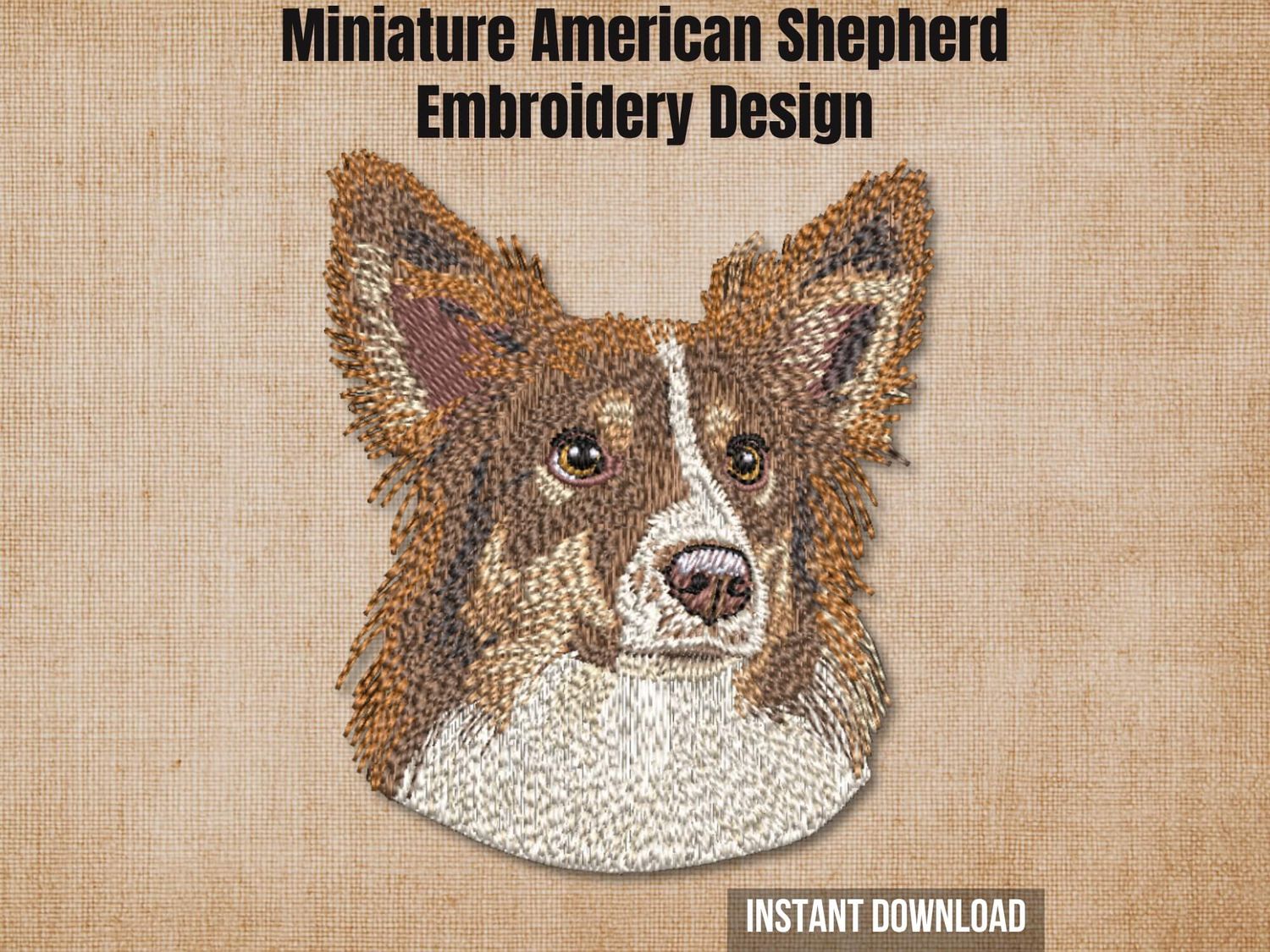 Etsy listing cover graphic featuring the Miniature American Shepherd embroidery design on a textured burlap background.