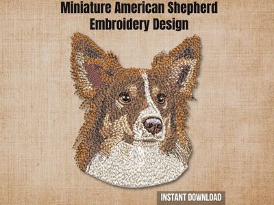 Etsy listing cover graphic featuring the Miniature American Shepherd embroidery design on a textured burlap background.